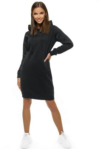 OZONEE Damen Hoodie Kapuzenpullover Lang Sweatjacke Sweatkleid Winterkleid Herbstkleid Kleid Sweatshirt Sweatshirtkleid Kapuzenjacke Kapuzenpulli Kapuze Langarm Sport JS/YS10005/3 SCHWARZ L