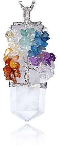 Jovivi 7 Chakra Heilstein Kette Baum des Lebens Wire Wrap Edelstein Anhänger Kristall Halskette Glückskette Schmuck Damen