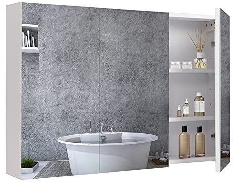 BELIWIN Wall-Mounted Mirror Cabinet White, 3-Door Mirrored Storage Cupboard, Adjustable Height Shelves Storage Unit (90 x 60 x 15 cm)
