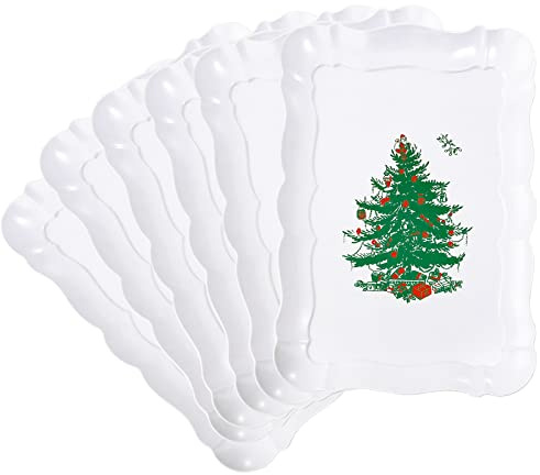 LUODA 6 Pack Christmas Rectangle Serving Trays with Christmas Tree Design, Heavy Duty Plastic Serving Platters, 15 x 10 Reusable Trays for Party, Christmas Dinner