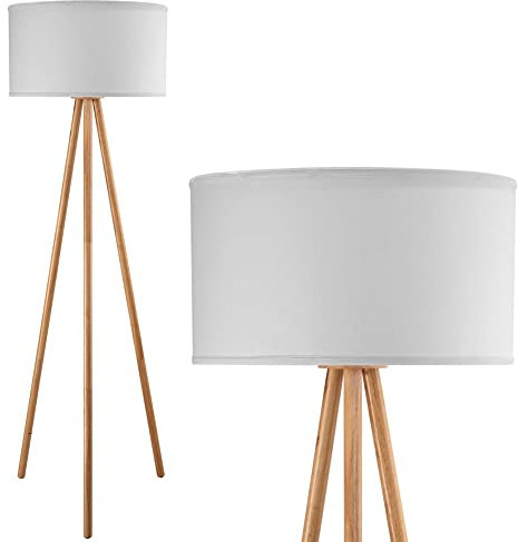 BAKAJI Lampada Piantana da Terra Design Moderno Struttura in Legno Luce Lampadina E27 60 W con Paralume in Tessuto Base Treppiede Dimensione 150 x 45 cm Arredamento Casa (Bianco)