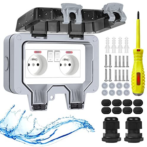 Upgrade Profonde Prise extérieure étanche IP66 avec interrupteur témoin lumineux, résistant aux intempéries Montage en saillie murale de jardin avec couvercle rabattable verrouillable Double