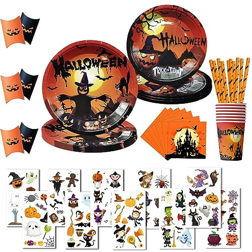 ASSUGO Halloween Geschirr 80 Stück, Tischdeko Set Mit Pappteller, Becher, Servietten, Strohhalme, Bonbonbox, Kürbis Tattoo Sticker, Partygeschirr für Kinder, Grusel Party (10 Psc)
