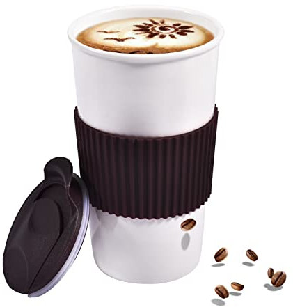 fMSDD Double Wall Insulated Takeaway Coffee Cup for Hot & Cold Beverage, Ceramic Travel Mug with Silicone Sleeve and Lid, Car Cup-Holder Friendly, 12 Ounce, Brown