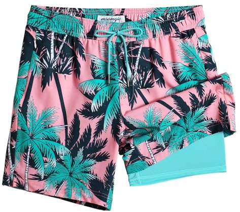 MaaMgic Homme Short de Bain 2 en 1 à séchage Rapide avec Doublure | Séchage Rapide Short de Natation décontracté Boardshorts avec Pantalon intérieur et Poche,Vert Coco Rose,M