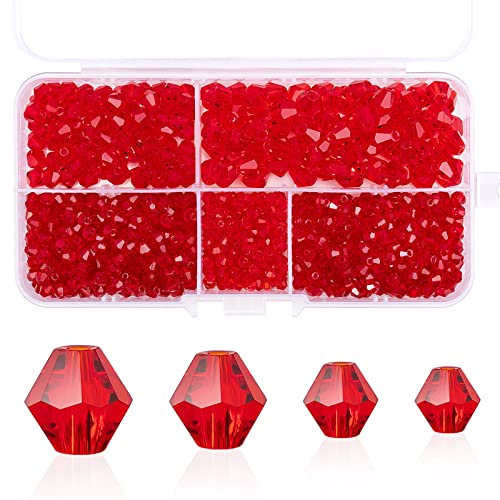 MissAudrey Bicone Crystal Beads for Jewelry Making, Lot 850pcs 3mm 4mm 6mm 8mm Red Faceted Bicone Shaped Glass Beads for DIY Craft Bracelets Necklaces Earrings Suncatcher Beading