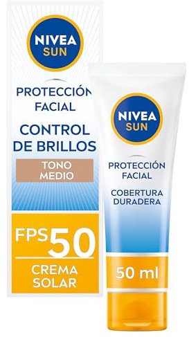 NIVEA SUN - Protección Solar Facial FP50 Control de Brillos - Efecto Matificante Inmediato 12 h - Textura Ligera y no grasa - Crema Facial Solar UVA/UVB - Piel Normal y Mixta - Tono medio - 50 ml