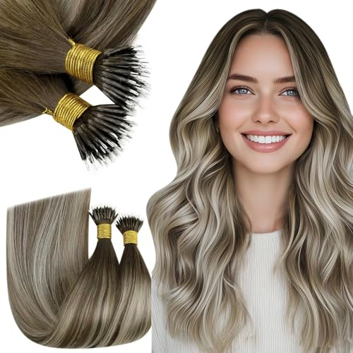 RUNATURE Nano Extensions Echthaar Balayage Braun Blond 40g 50s #3/8/22 | 30cm Remy Nanoring Extensinos Echthaar Balayage Nano Haarverlangerung Echthaar Farbe