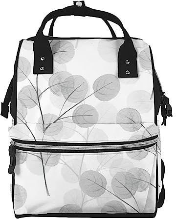 Grey Bay Leaf Aquarell Zweig bedruckte Wickeltasche Rucksack, stilvolle Multifunktions-Reiserucksack, große Kapazität, Mumien-Rucksack, Windeltasche, Schwarz , One size