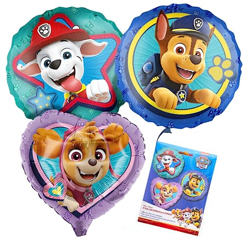 Party Factory `Paw Patrol´ 3er-Set Folienballons, bunt, Ø45cm, Heliumballons Helfer auf 4 Pfoten, Kindergeburtstag, Hundewelpen