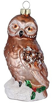 Christbaumschmuck Eule 9,5cm Glas Dekofigur zum Aufhängen Braun - Weihnachtsbaum Anhänger - Weihnachtseule & Tiere - Handbemalter Weihnachtsbaumschmuck