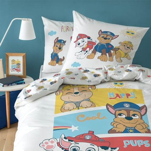 Pat Patrouille Happy Parure de lit Enfant 1 Place | 100% Coton | Oeko-TEX | Housse de Couette 140x200 cm + Taie d'oreiller 63x63 cm | Blanc