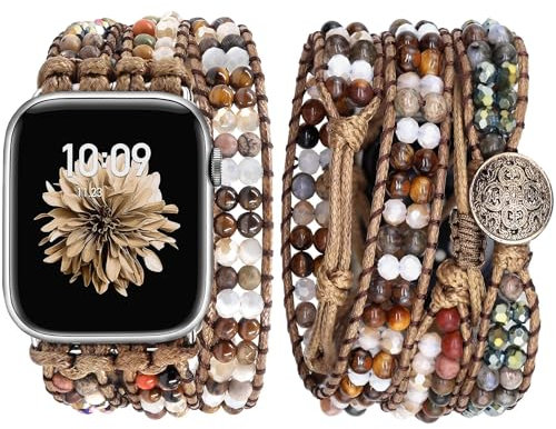 JR.DM Boho Armband Kompatibel mit Apple Watch Armband 38mm 40mm 41mm 42mm 44mm 45mm 46mm Braun Armbänder Naturstein Handgefertigtes Geflochtenes Uhrenarmband für iWatch Series 10/9/8/7/6/5/4/3/2/1/SE