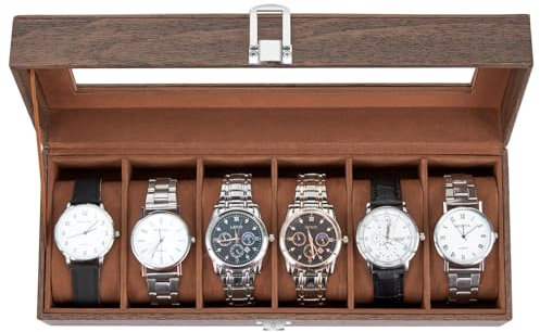 Ohuhu Uhrenbox mit 6 Fächern, Watch Box Uhren Aufbewahrungsbox mit Glasdeckel, Uhren Box aus PU Leder und Samt Innenfutter, Uhrenbox Herren Frauen, Geschenkidee für Geburtstag Vatertag Valentinstag