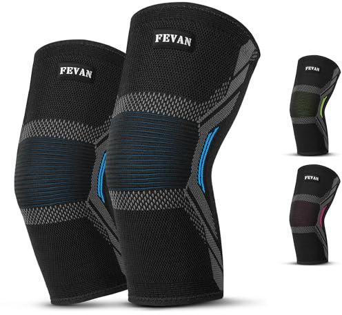 FEVAN 2er-Pack Knieschoner für Meniskus und Band, verstellbar, vollständige Patella-Knieschützer, Crossfit-Kniebandage, Uni, aus Neopren mit Silikon (Blau, M)