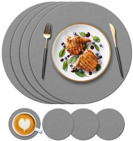 KERYCHIN Round Silicone Place Mats (34cm) and Coasters (10cm) Set of 4, Heat-Resistant 450 °F, Non Slip Washable Placemats for Home, Hotel, Kitchen, Indoor, Outdoor Glass Dining Table, Dark Grey