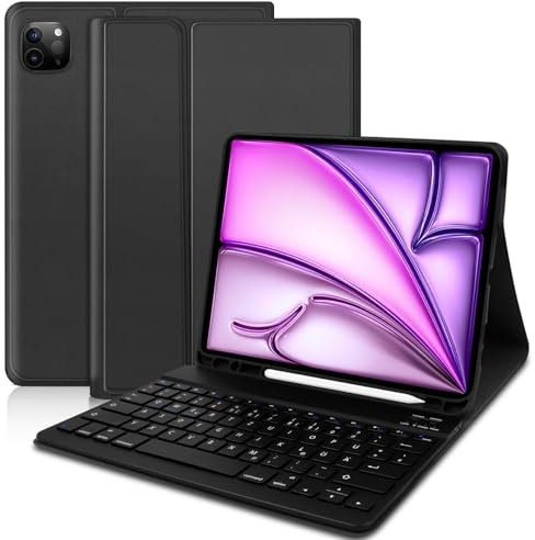 Tastatur Hülle für iPad Air 13 (M2, 2024) - Wireless Abnehmbare QWERTZ-Tastatur für iPad Pro 12.9 Zoll (6., 5., 4., 3. Generation) Mit Schutzhülle und Pencil Halter - Schwarz