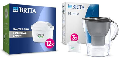 BRITA MAXTRA PRO Limescale Expert Water Filter Cartridge 12 Pack (NEW) - Original BRITA refill & Marella Water Filter Jug Starter Pack - Graphite (2.4L) incl. 3X MAXTRA PRO All-in-1 cartridge