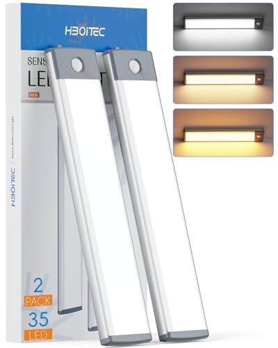 Schrankbeleuchtung LED mit Bewegungsmelder 3 Farbmodi Dimmbar, Unterbauleuchte küche 35 LED Schranklicht Schrankleuchte Lichtleiste USB Wiederaufladbar Für Kleiderschrank, Unterschrank(2 Stück)