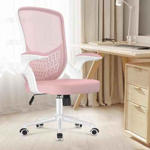rattantree Desk Chair Ergonomic Office Chair with Flip-up Armrests, Computer Chairs with 3D Lumbar Support, Home Office Mid-Back Mesh Chairs-Pink