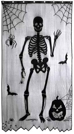 BOYOUTH Türvorhang mit Totenkopf-Muster, Halloween-Thema, schwarze Spitze, Spinnennetz, Fledermäuse, Vorhänge für Spukhaus, Halloween-Party, 101,6 x 213,3 cm lang, 1 Vorhang