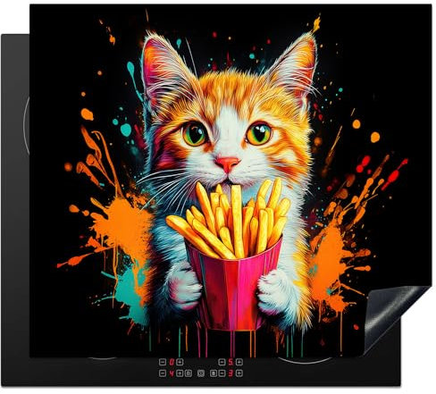 KitchenYeah© Herdabdeckplatte 60x52 cm Einteilig Ceranfeld Abdeckplatte für Induktionsschutz Ceranfeldabdeckung Vinyl Herdabdeckplatten Katze - Essen - Pommes - Graffiti - Abstrakt