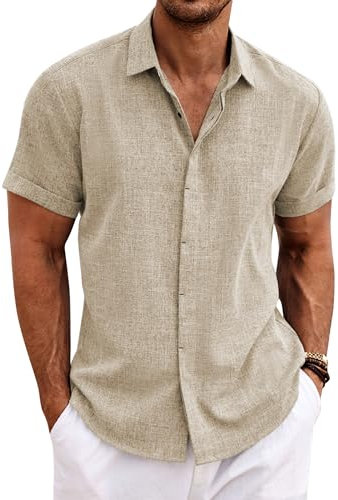 COOFANDY Men's Linen Shirts Short Sleeve Shirts Summer Holiday Shirts for Men Button Down Beach Shirts Khaki L