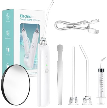 Elektrisches Tonsillenstein Entferner Set, 3-Stufen Absaug-Munddusche mit LED-Licht, Spritze & Zungenspatel – Effektiv Mandelsteine entfernen und Mundgeruch stoppen