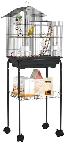 PawHut Jaula para Pájaros con Ruedas Pajarera con Cesta Múltiples Puertas 2 Comederos 2 Perchas Columpio Escaleras y Bandeja Extraíble para Loros Canarios Periquitos 46x36x120 cm Negro