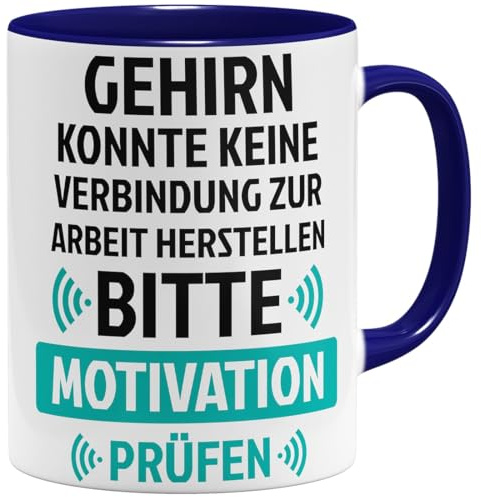 OM3® witzige Kaffee-Tasse mit Spruch - Gehirn keine Verbindung zur Arbeit - Motivation - Bürotasse - Keramik Becher - 325ml - Beidseitig Bedruckt - Dunkelblau
