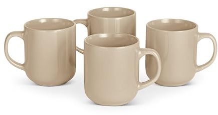 Amazon Basics Stoneware Coffee Mugs, 16 oz, 4-Piece Set, Gloss-Glazed, Stain-Resistant, Microwave, Freezer and Dishwasher-Safe, Linen Gray