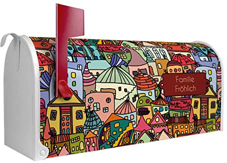 banjado® Amerikanischer Briefkasten - US Mailbox/Letterbox mit Motiv Funky Town 51x22x17cm - Postkasten Stahl aus Amerika – Briefkasten amerikanisch weiß pulverbeschichtet