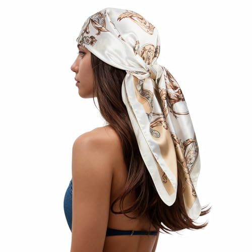 RIIQIICHY Head Hair Scarf for Women Like Silk Satin Large Square Printed Bandanas 35 Inch