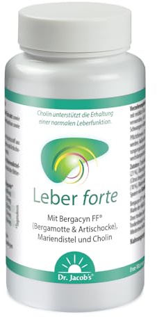Leber forte I mit Bergamotte, Artischocke, Mariendistel (Silymarin), Cholin | Leberkapseln von Dr. Jacob's I für Leberfunktion und Fettstoffwechsel* I mit Bergacyn FF® I vegan I 43 g, 60 Kapseln