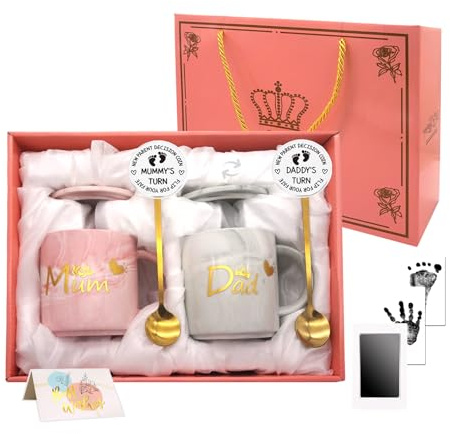 New Parents Gifts, 12 oz Marbling Mum & Dad Mugs Set with Gift Box