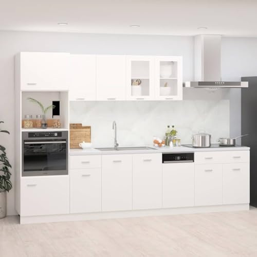 YunCangg Lyon White 7-Piece Kitchen Unit, Wood Composite, Modern Kitchen Cabinets, Lots of Storage Space, for Crockery, Cutlery & Kitchen Appliances, Easy Cleaning