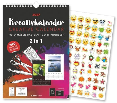 Kreativkalender A4 - 2 in 1 2027: Bastelkalender 21 x 29,7 cm mit beidseitigem Design, Stickerbogen, echtem Bastelkarton und gestaltbarem Titelblatt