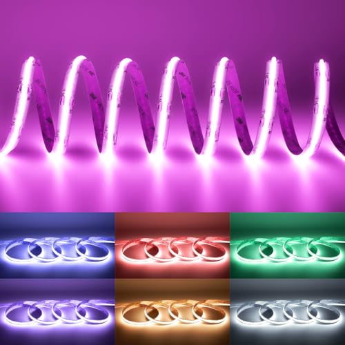 COB LED Strip RGB CCT 5M, 24V LED Streifen RGB+WW/CW 840LEDs/m ohne Adapter | 12mm Breite, selbstklebend, dimmbar, Einstellbare Farbtemperatur 3000K-6000K, IP20 farbwechselnde Band für DIY Dekoration