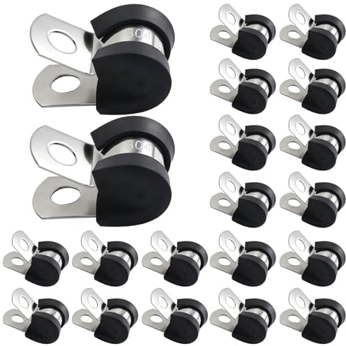 20Pcs Cable Clamp 8mm, 304 Stainless Steel Rubber Lined P Clips (8mm) | 2 Holes U Shaped Brackets, Heavy Duty Anti-Vibration Hose Clamps, Metal Tube Strap Fastener Holder for Water & Gas Pipe