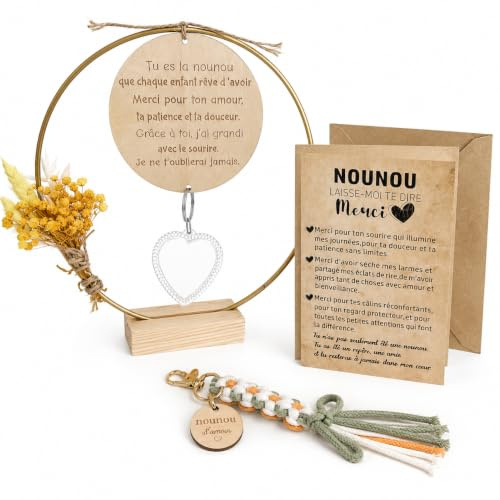 MKISHINE Cadeau Nounou Personnalisé – Cadre Bois avec Anneau Floral et Porte-Clés – Message Touchant Merci Nounou – Décoration Murale et Cadeau Fin d’Année pour Assistante Maternelle