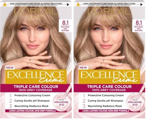 L'Oréal Paris Excellence Crème Permanent Hair Dye, Radiant At-Home Hair Colour with up to 100% Grey Coverage, Pro-Keratin, Up to 8 Weeks of Colour, Colour: 8.1 Natural Ash Blonde (Pack of 2)