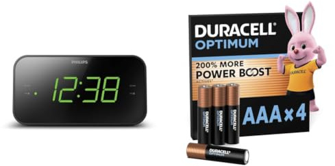 TAR3306/12 Philips Despertador Radio con Pantalla para la Cabecera, Radio Digital con Doble Alarma, Temporizador para Dormir y Función de Repetición + Duracell Optimum Pack de 4 AAA