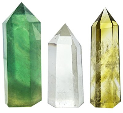 Polar Jade Set mit 3 Kristallstäben aus klarem Quarz, gelbem Quarz und Fluorit Stein, spitz und facettiert für Heilung, Reiki, Chakra, Meditation, Therapie, Dekor