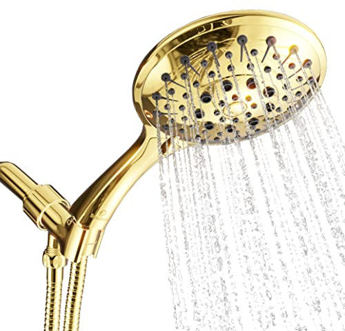 Aquarius Gold Shower Head With Handheld Sprayer, 6 Spray Settings High Pressure Polished Brass Showerhead With Hose (Extra Long) & Adjustable Brass Ball Bracket Kit, Shower Head Gold Finish