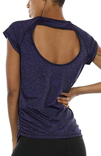 icyzone Damen Sport T-Shirt Kurzarm Laufshirt Rückenfrei Fitness Oberteile Gym Yoga Top