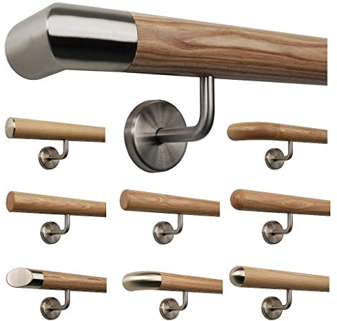 TIBU Esche Holz Handlauf Geländer 0,3m - 6m, Länge 460 cm, Ende Edelstahlecke und 6 gewinkelte Halter