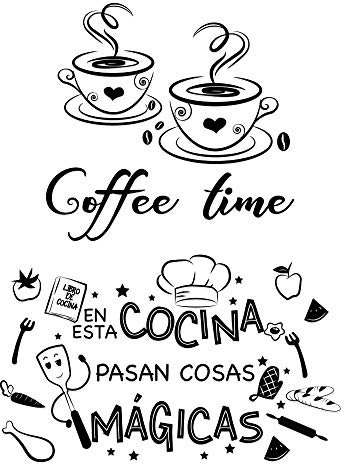 2pcs Pegatinas Pared Cocina Decorativas con Frases Españoles Vinilos Letras Stickers Adhesivos Comedor Cafetería Restaurante Habitación Coffee time En esta cocina...