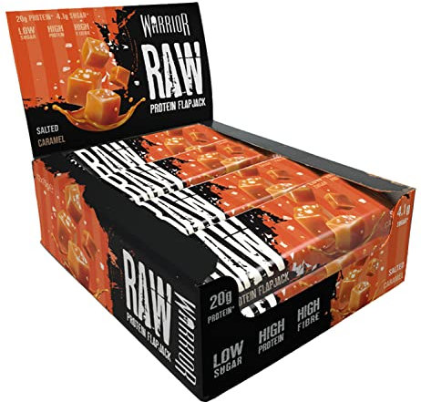 Warrior Raw Protein Bars – 12 x 75g Oat Bar Flapjacks – High Fibre, Low Sugar – Ideal Meal Replacement or Healthy Nutrition Energy Snacks – HFSS / GMP Certified – UK Made (Salted Caramel)