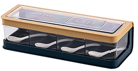 Roberee 4 Compartimentos Tarro Especias, Estilo Nórdico Botes Especias Caja Condimentos Multifuncional Contenedor de Encurtidos Para Acampar con Tapa Transparente y Cuchara para Sal Cocina Pimienta