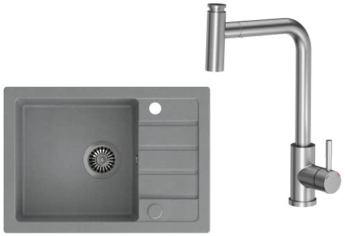 VBChome Fregadero de 62 x 44 cm, Fregadero de Granito Frente Visto, color gris, fregadero individual, fregadero de cocina moteado, sifón, grifo con caño giratorio y extraíble